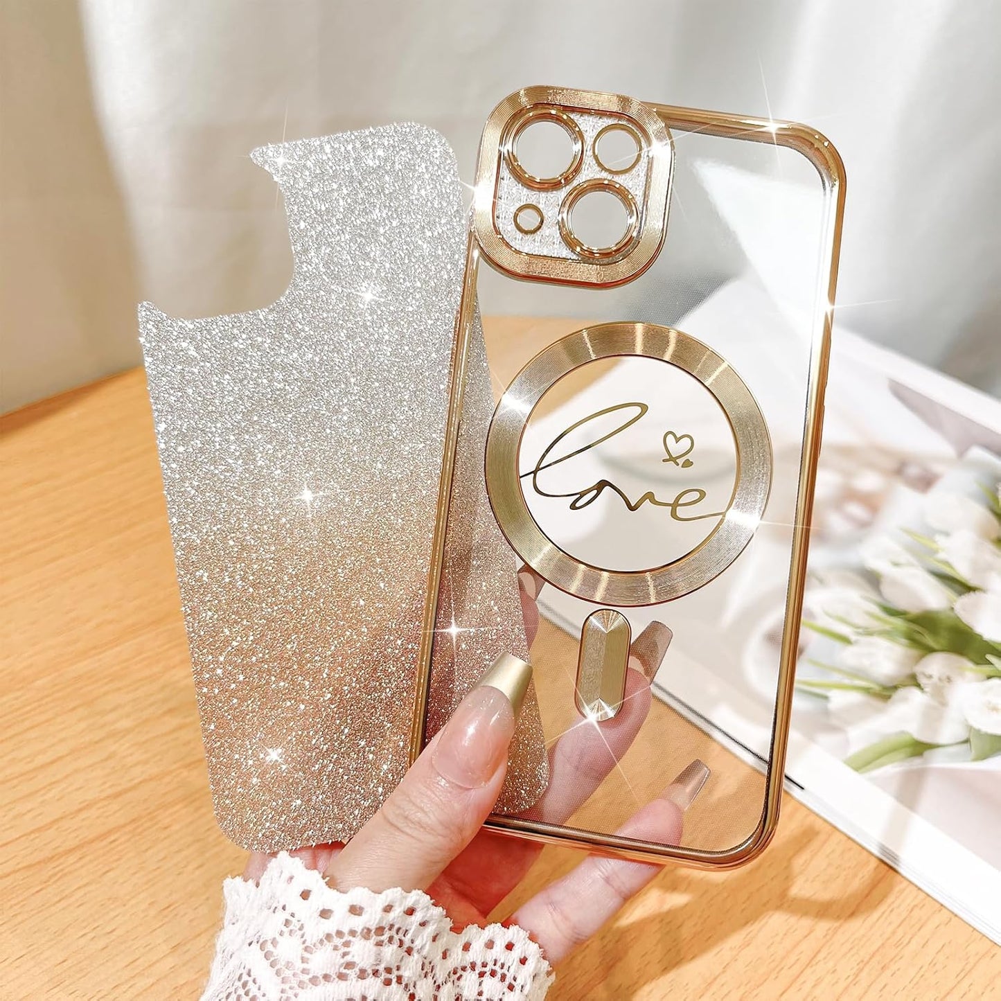 Compatible with Iphone 13 Case,Compatible with Magsafe Love Heart Plating Camera Protection Clear Phone Case, Magnetic Glitter for Women Girls Shockproof Back Bumper 6.1"-Gold
