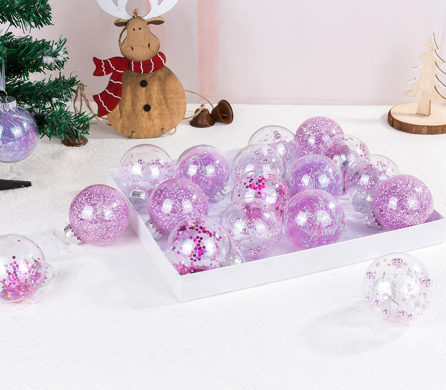 24Ct Clear Christmas Ball Ornaments, 2.76''/70Mm Shatterproof Hanging Xmas Balls Baubles Set for Christmas Tree with Stuffed Delicate Decorations for Wedding Christmas (Pink)