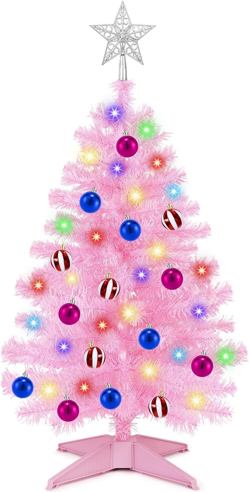 [ Timer & 12 Modes ] 3 Ft Pink Christmas Tree with DIY 50 Warm White Lights 15 Ball Ornaments & 3D Star Battery Operated Small Christmas Tree Indoor Home Tables Holiday Xmas Christmas Decorations