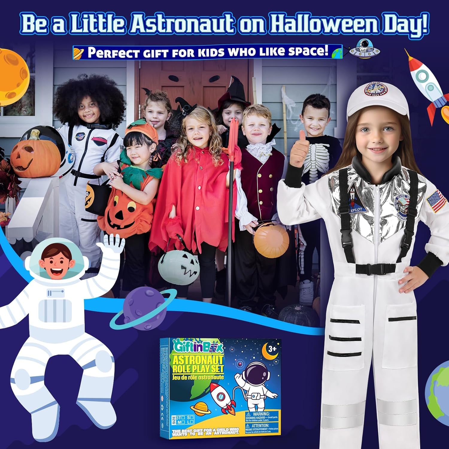 Halloween Astronaut Costume for Kids with Cap, Space Costume for Boys Girls Toddler 3-10 Pretend Role Play Dress Up