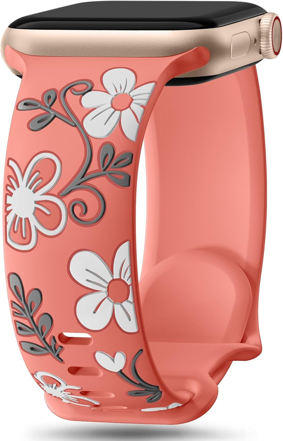Floral Band Compatible with Apple Watch Bands for Women 40Mm 41Mm 38Mm 42Mm 44Mm 45Mm 46Mm 49Mm, Engraved Cute Flower Silicone Inlay Dressy Strap for Iwatch Series 10 9 8 7 6 5 4 3 2 SE Ultra