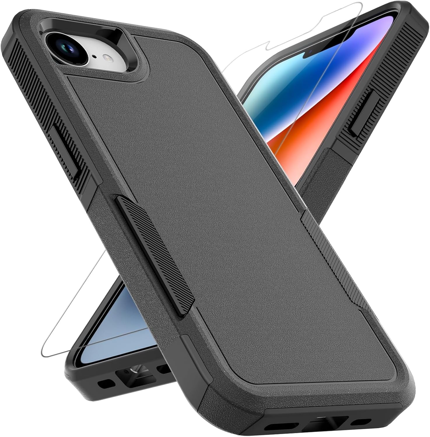 Iphone 16E Case: Dual Layer Protective Heavy Duty Cell Phone Cover Shockproof Rugged with HD Screen Protector - Military Protection Bumper Tough - Apple Iphone 16E / SE 2025 / SE4, Black
