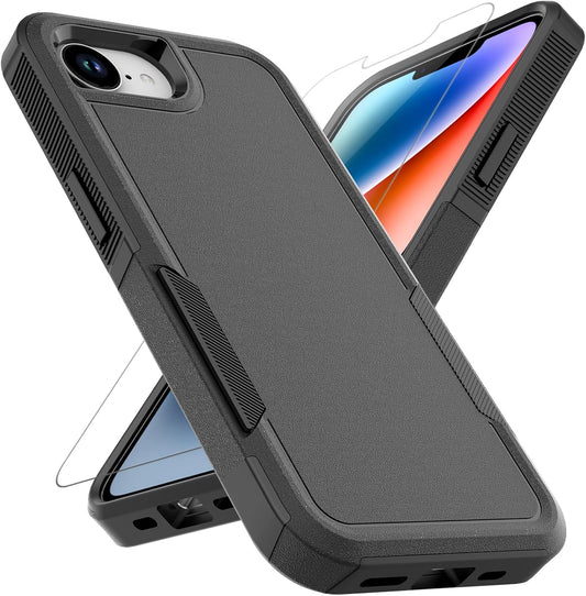 Iphone 16E Case: Dual Layer Protective Heavy Duty Cell Phone Cover Shockproof Rugged with HD Screen Protector - Military Protection Bumper Tough - Apple Iphone 16E / SE 2025 / SE4, Black