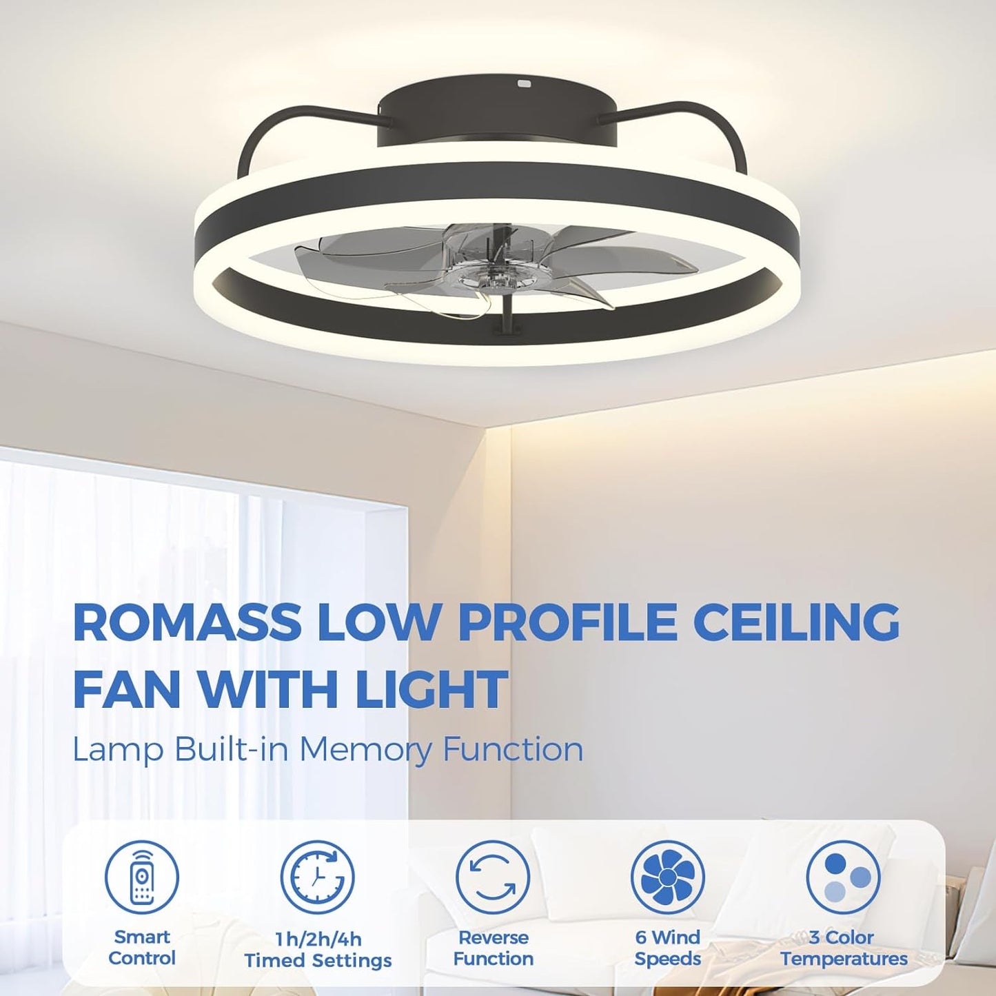 Ceiling Fans 20" with Lights and Remote, Ceiling Fan Smart Control Dimmable Low Profile Flush Mount Ceiling Fan Indoor/Outdoor Modern with Light for Living Room, Bedroom, Kitchen
