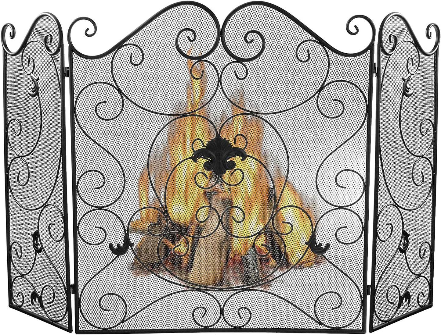 Fireplace Screen 3 Panel Fireplace Screens for Fireplace 50 X 31 Inch Wrought Iron Black Metal Spark Guard Cover Fireguards Mesh Cover Baby Safe Proof Fence Fire Place Standing Gate (Style 1)