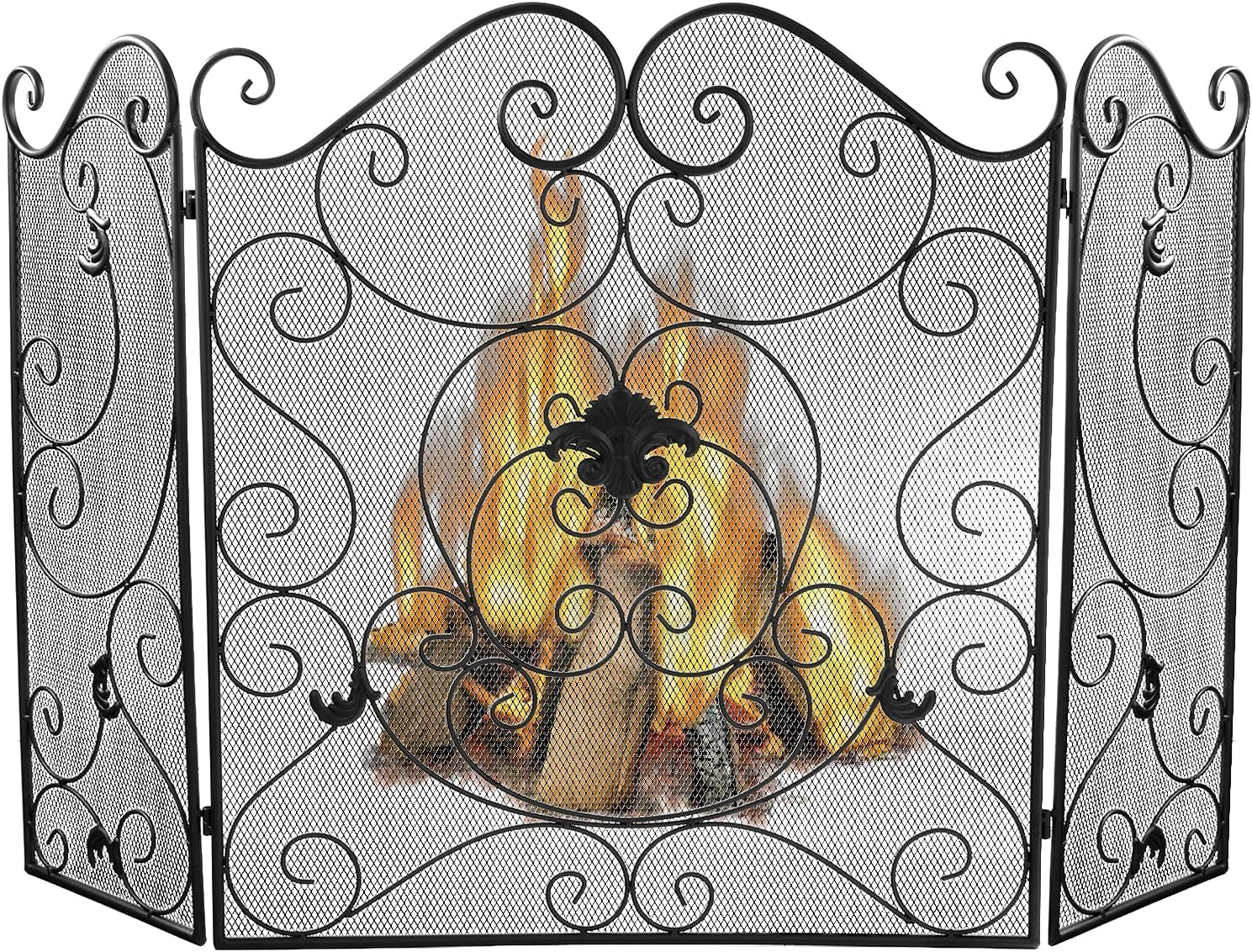 Fireplace Screen 3 Panel Fireplace Screens for Fireplace 50 X 31 Inch Wrought Iron Black Metal Spark Guard Cover Fireguards Mesh Cover Baby Safe Proof Fence Fire Place Standing Gate (Style 1)