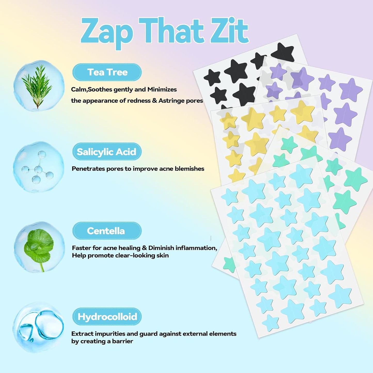 Pimple Patches for Face, Cute Star Zit Covers, Stars Hydrocolloid Acne Patch, for Sensitive Skin, with Tea Tree, Salicylic Acid & Cica Oil (10Mm&12Mm) 420 Count