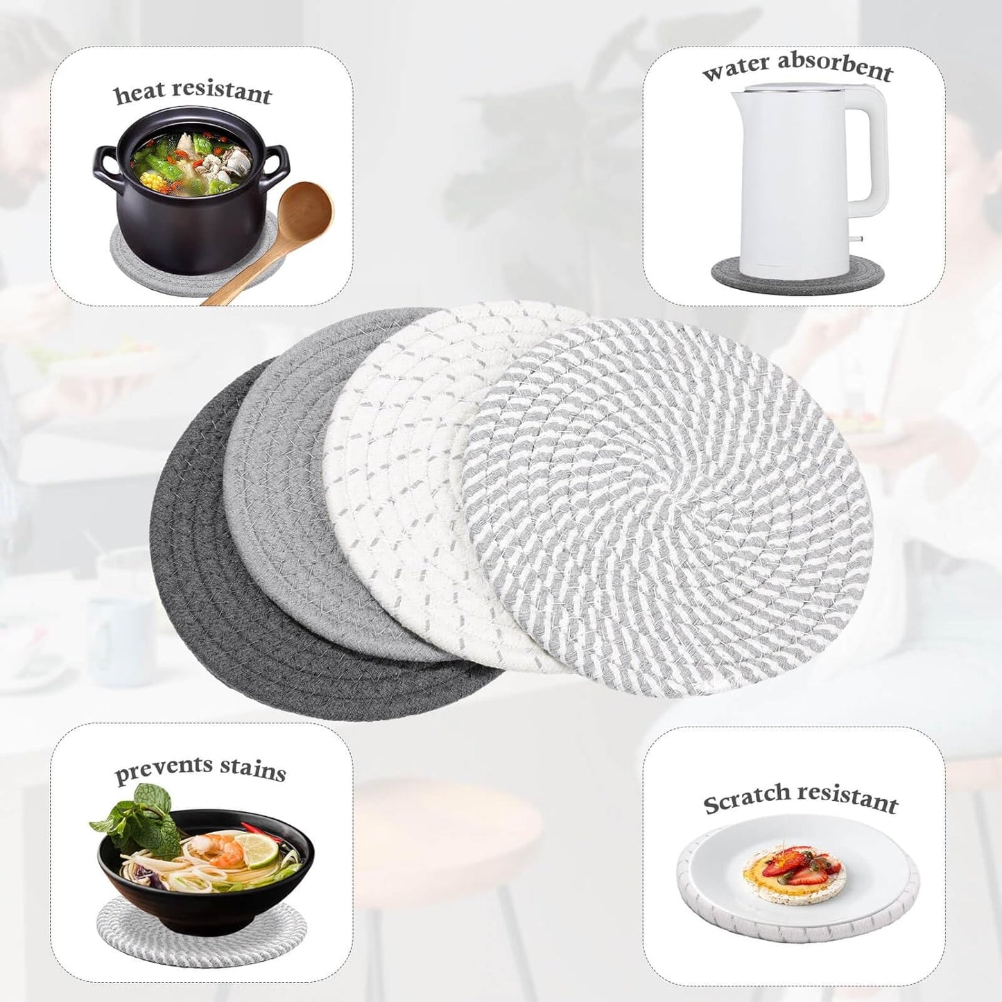 7" Trivets for Hot Dishes, Hot Pots and Pans, 4 Heat Resistant Hot Pads, Pot Holders for Kitchen, Hot Plate Mats for Kitchen Countertops, Table, Home Essentials, Farmhouse Decor