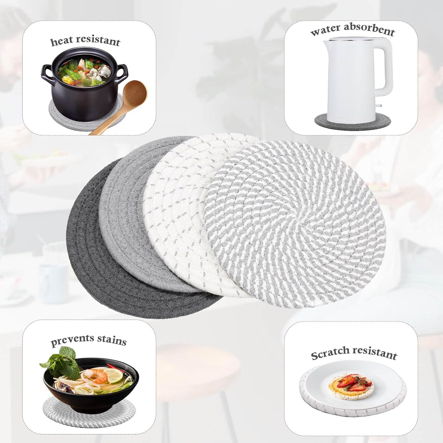 7" Trivets for Hot Dishes, Hot Pots and Pans, 4 Heat Resistant Hot Pads, Pot Holders for Kitchen, Hot Plate Mats for Kitchen Countertops, Table, Home Essentials, Farmhouse Decor