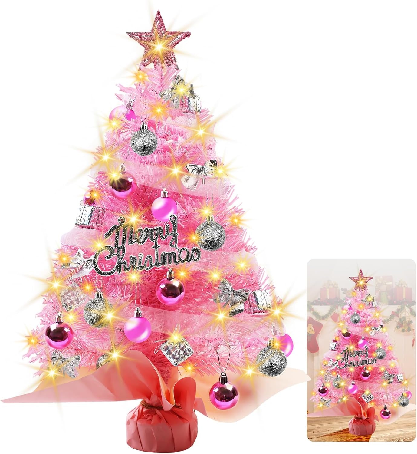 23 Inch Tabletop Christmas Tree with Led Lights,Artificial Mini Christmas Tree, DIY Artificial Tabletop Christmas Tree,Christmas Decorations for Home Desktop Xmas Tabletop Decoration (Pink)