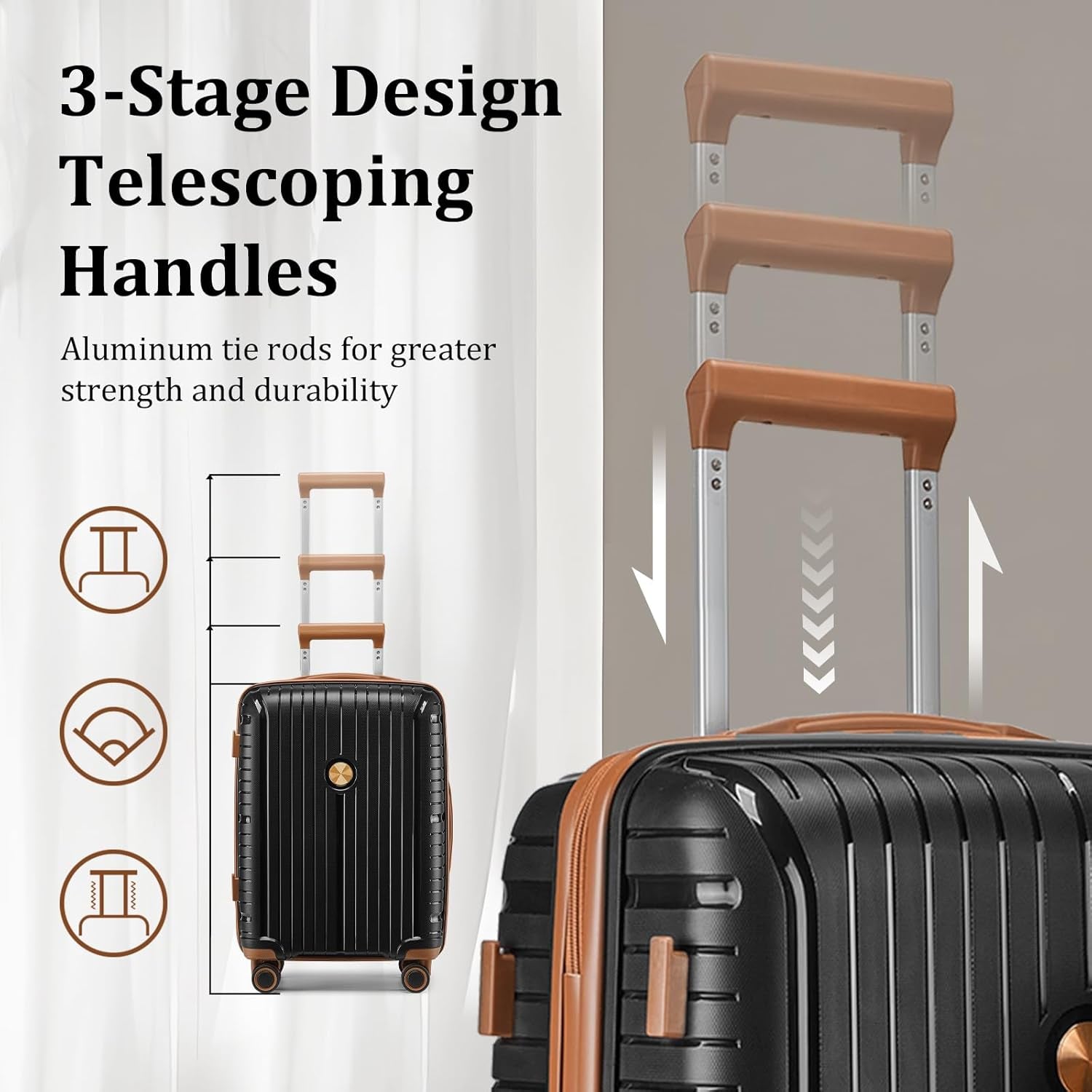 Luggage Sets 5 Piece Suitcase Set, PP Hardshell Carry on Suitcase Set, Travel Suitcases with Double Spinner Wheels and TSA Lock, Black Brown
