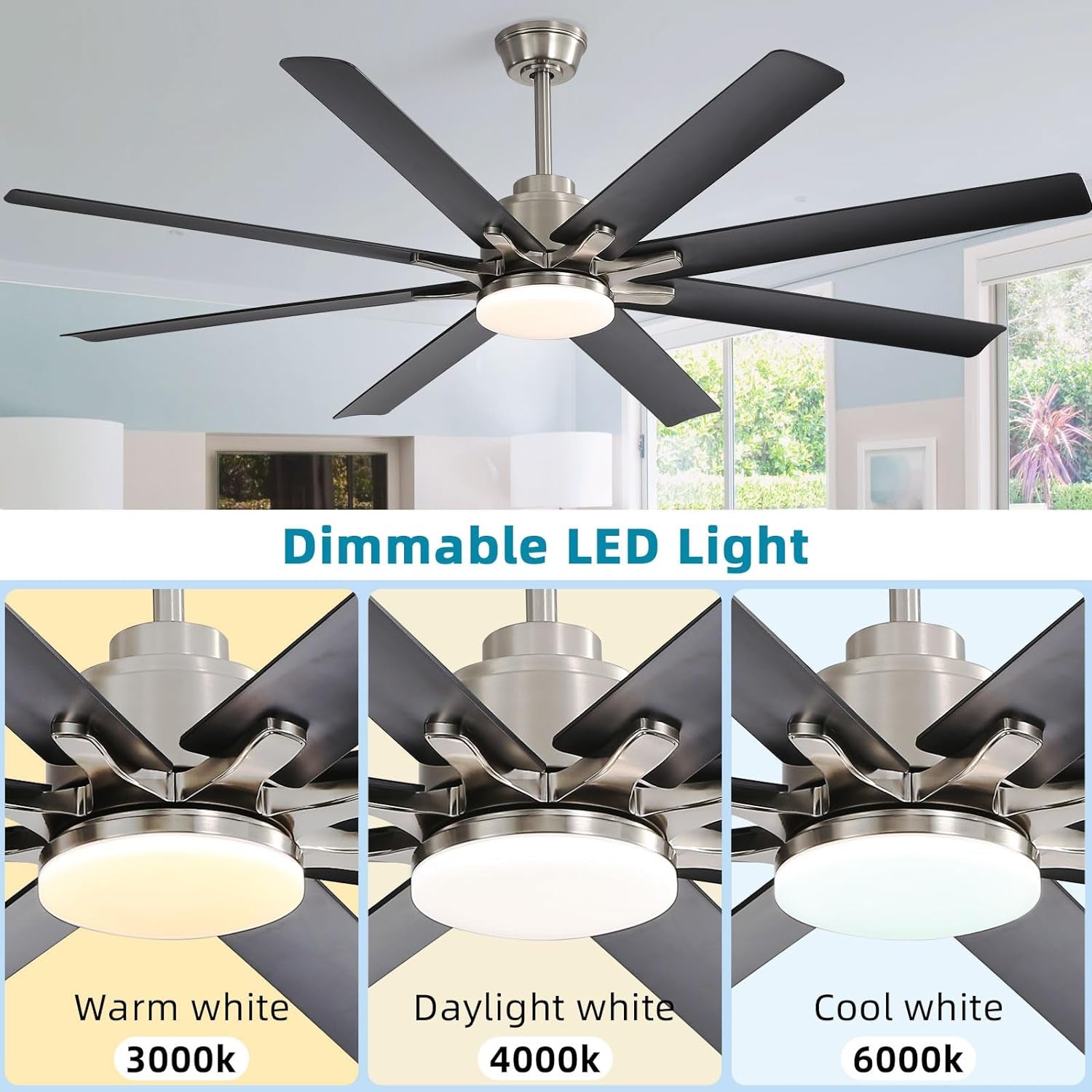 66 Inch Black Ceiling Fans with Lights and Remote, Indoor Outdoor Mordern Smart Ceiling Fan with Reversible Quiet DC Motor, 6 Speed, 8 Blades for Living Room Bedroom Patios Balcony