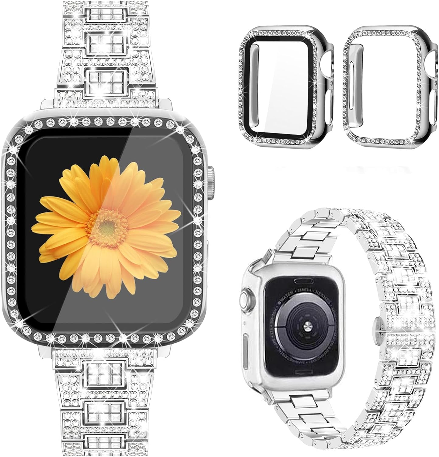 Compatible for Apple Watch Band with Screen Protector Case, Jewelry Replacement Band 45Mm 44Mm 42Mm 41Mm 40 Mm 38Mm 2 Pack Bling Protective Cover for Iwatch Series 9/8/7/6/5/4/3/2/1/SE Women