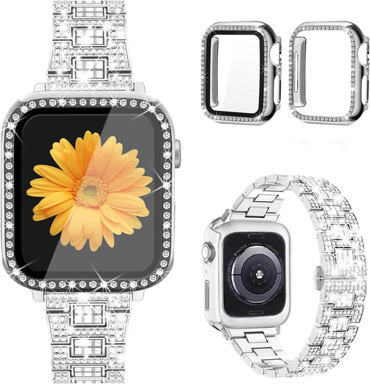 Compatible for Apple Watch Band with Screen Protector Case, Jewelry Replacement Band 45Mm 44Mm 42Mm 41Mm 40 Mm 38Mm 2 Pack Bling Protective Cover for Iwatch Series 9/8/7/6/5/4/3/2/1/SE Women