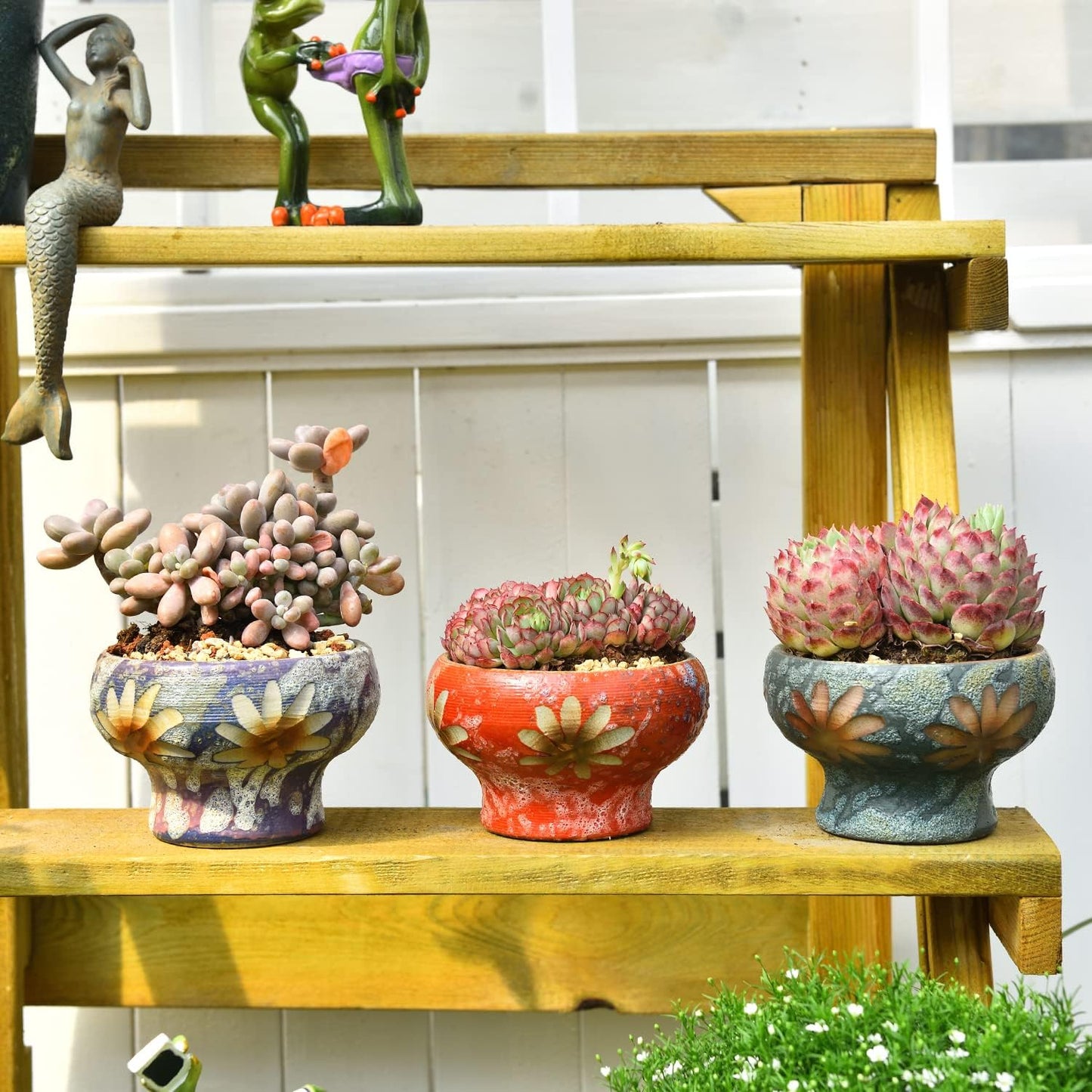 Small Succulent Planters Set of 3, Beautiful Hand Crafted Ceramic Plant Pots Cute Cactus Pot, 4.9 Inch Flower Pots for Indoor Plants with Drainage, Desktop Windowsill Home Office Decor Pots