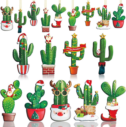 27 Pieces Christmas Tree Ornaments Cactus with a Santa Hat Wooden Hanging Ornaments Cactus Pots Wooden Ornament Christmas Cactus Ornament Hanging Gift Tags for Cactus Theme Party Christmas Tree Decor