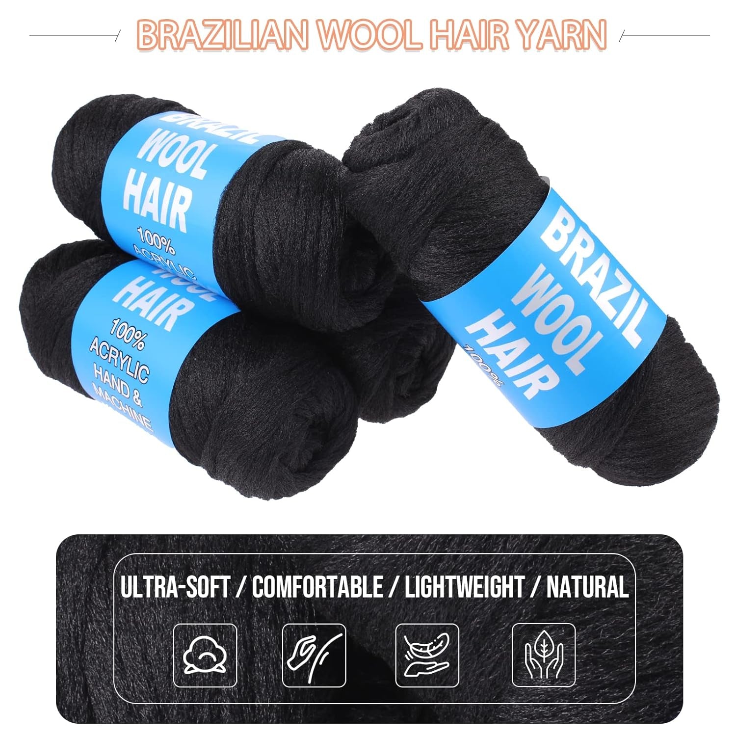 4 Pcs Natural Black Brazilian Wool Hair for Braiding Hair Acrylic Yarn Crochet Box Braids Senegalese Twist Jumbo Braids Faux Locs Crochet Hair for Women Synthetic Braiding Hair Extensions(#1B)