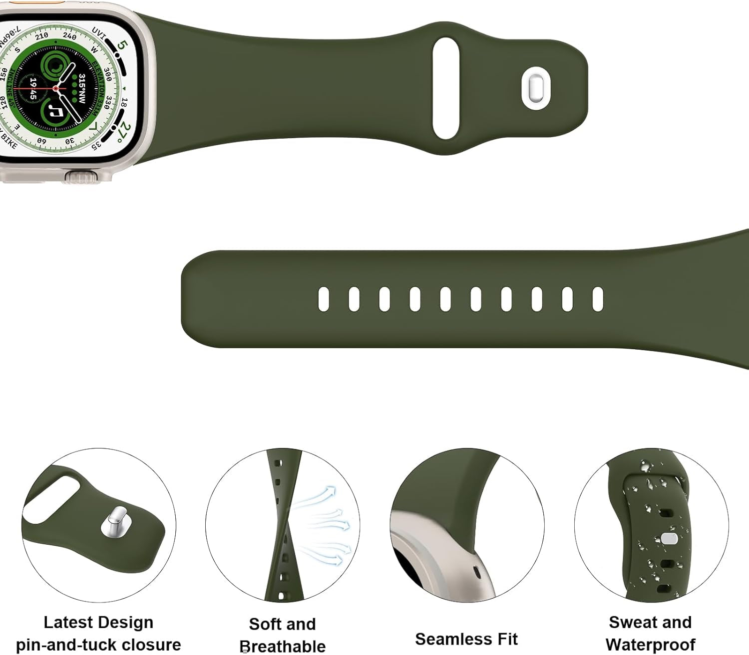 Sport Bands Compatible with Apple Watch 38Mm 40Mm 41Mm 42Mm 44Mm 45Mm 49Mm, Soft Silicone Replacement Waterproof Strap Wristband for Iwatch Series Ultra 9/8/7/6/5/4/3/2/1 SE Women Men, Army Green