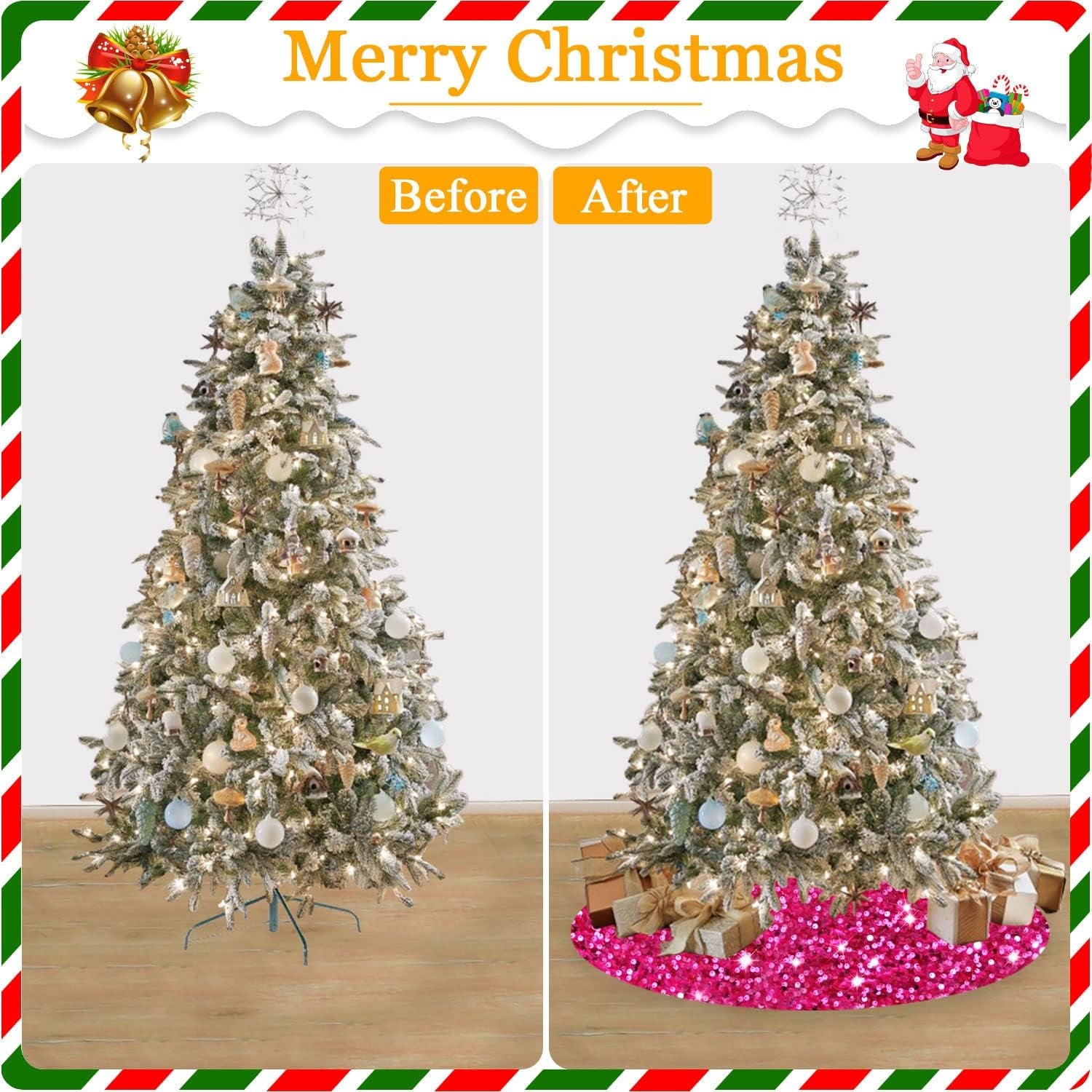 Hot Pink Christmas Tree Skirt 46 Inch Sparkle Sequin Christmas Tree Skirt Fuchsia Xmas Tree Skirt for Thanksgiving Holiday with Embroidered Tree Cover Mat Shiny Tree Carpet Classic Tree Floor Mat