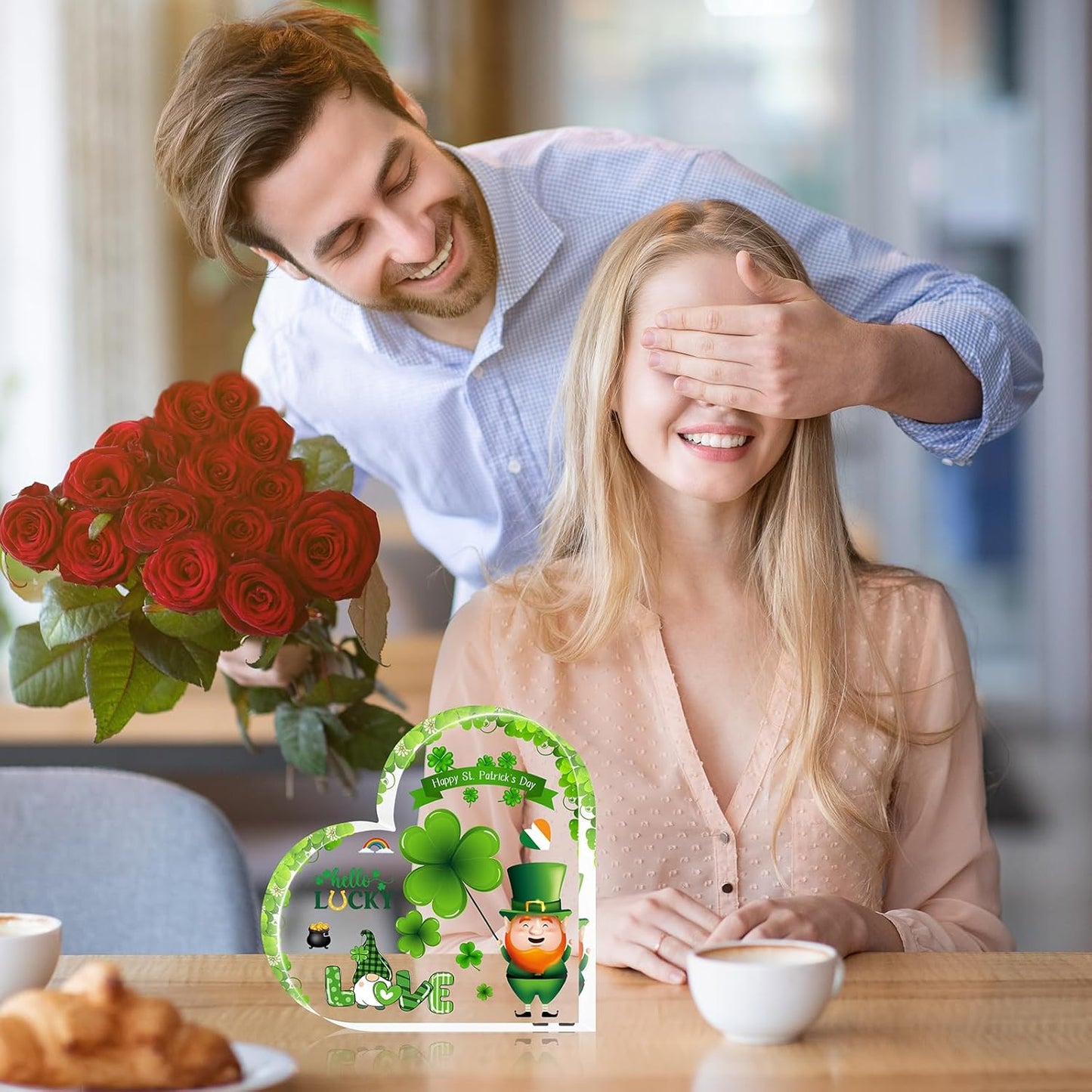 St Patricks Day Gifts & St Patricks Day Decor for Table, Office Desk, Shelf, Mantle - Acrylic Heart Shamrocks Decorations for Home