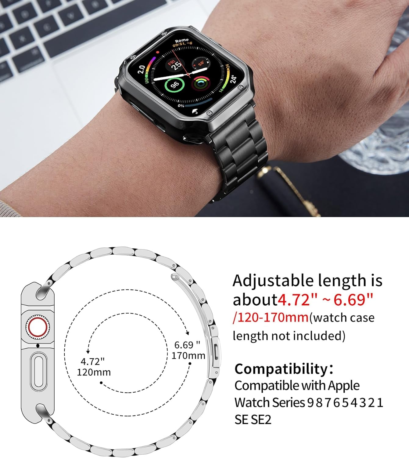 Compatible with Apple Watch Band 49Mm 46Mm 45Mm 44Mm 42Mm 41Mm 40Mm 38Mm Stainless Steel Metal Watch Strap with TPU Watch Case Compatible with Iwatch Series Ultra/10/9/8/7/Se2/Se/6/5/4/3/2/1