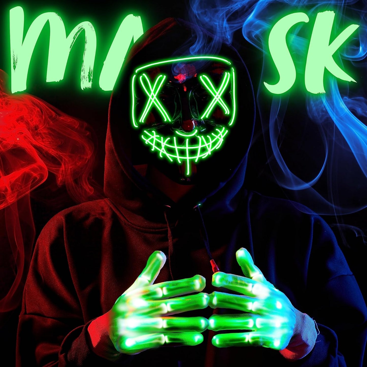 Halloween Led Mask Light up Scary Mask and Gloves Cosplay Costume (Green), Glow in the Dark Mask