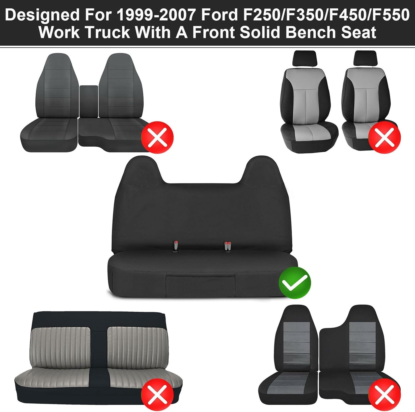 Custom-Fit Front Bench Seat Cover Replace for 1999-2007 Ford F250 F350 F450 F550 Ford F-Series Black Oxford Interior Cover Accessories(Machine Washable)