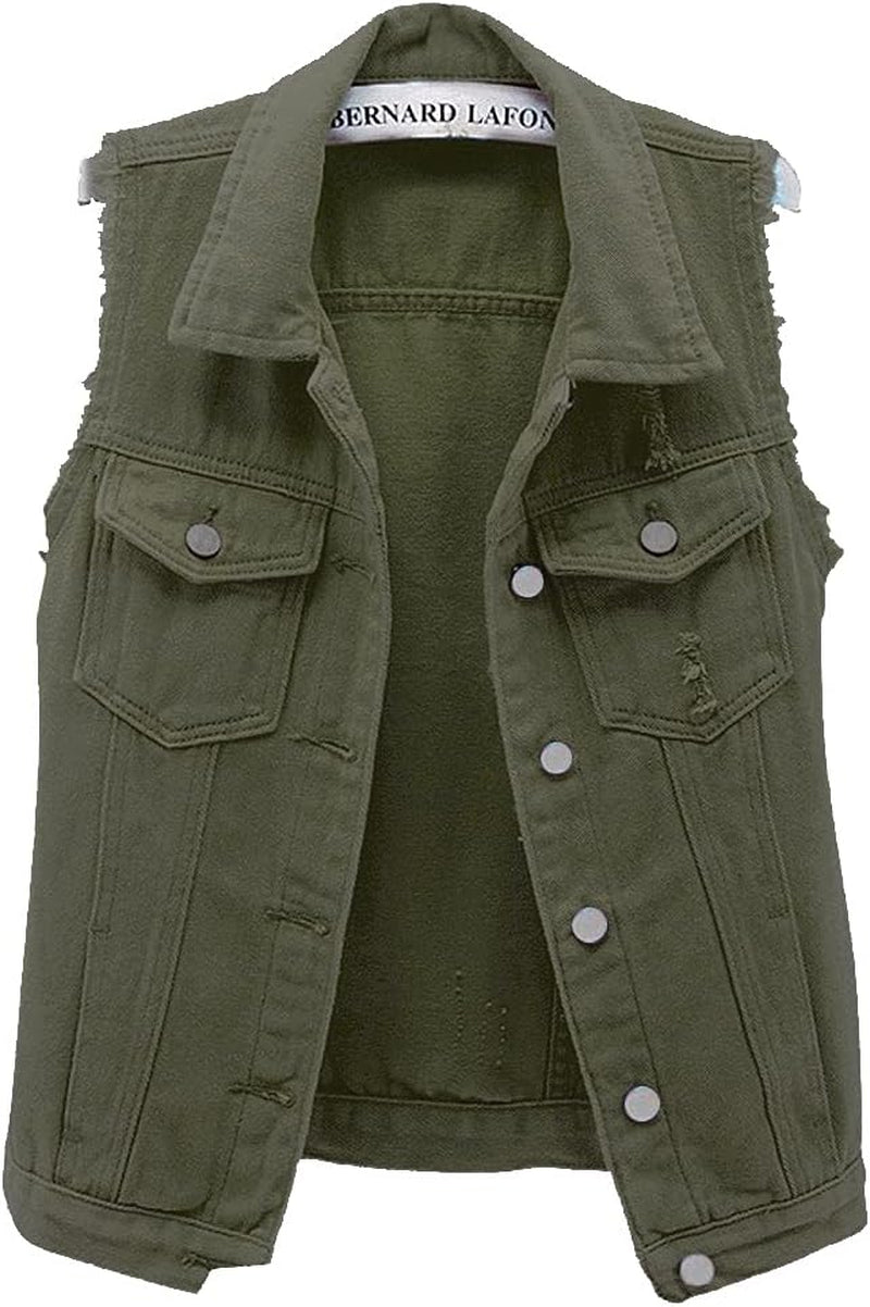 Women'S Candy Color Slim Fit Sleeveless Distressed Denim Jean Vest Jacket