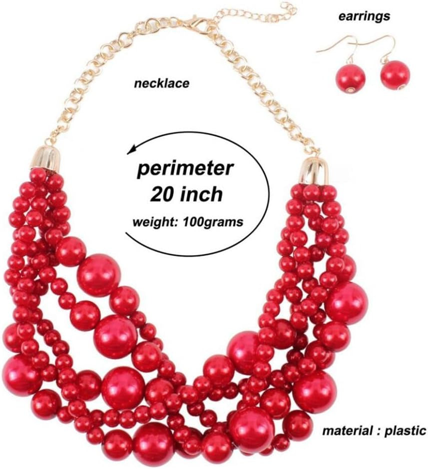 Fashion Faux Pearl Statement Chunky Bib Choker Necklace and Earring Set for Women Gift