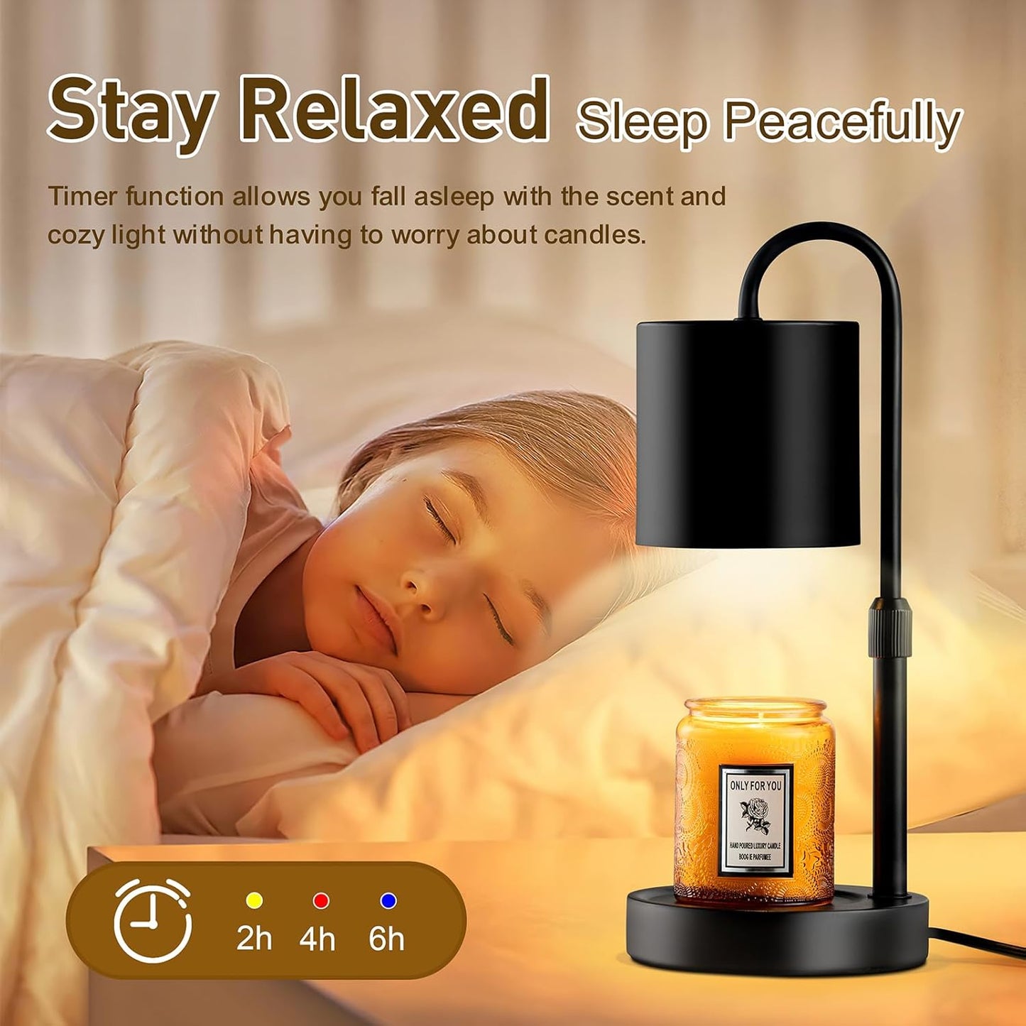 Candle Warmer Lamp with Timer and Dimmer, Electric Candle Lamp Warmer for Jar Candles, Adjustable Height Candle Wax Warmer with 2 Bulbs & Wooden Base, Gifts for Women Home Decor, Black