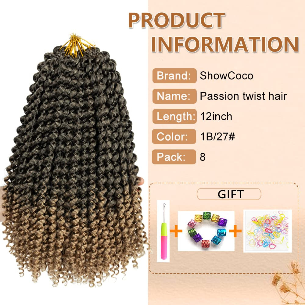 Passion Twist Hair 12 Inch 8 Packs Passion Twist Braiding Hair Water Wave Crochet Hair Extensions Bohemian Braids Passion Twist Crochet Hair Ombre Blonde (12 Inch,1B/27)