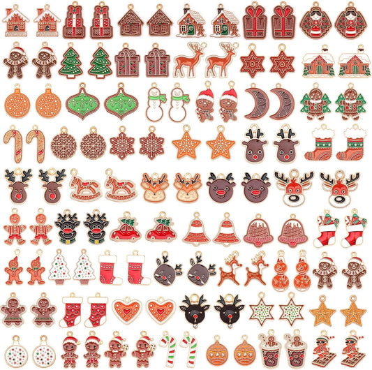 110Pcs/55 Pairs Christmas Charms, Christmas Charms for Jewelry Making, Christmas Gingerbread Man Charm Holiday Gold Enamel Pendants for DIY Bracelet Necklaces Earrings Craft Supplies