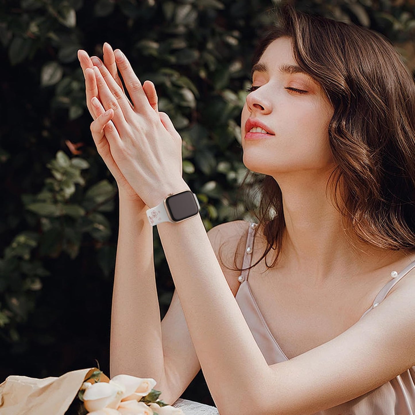 Floral Engraved Bands Compatible with Apple Watch 38Mm 40Mm 41Mm 42Mm 44Mm 45Mm 46Mm 49Mm for Women,Two-Tone Cute Flower Soft Silicone Sport Strap for Iwatch Ultra Series 10 9 8 7 6 5 4 3 2 1 SE