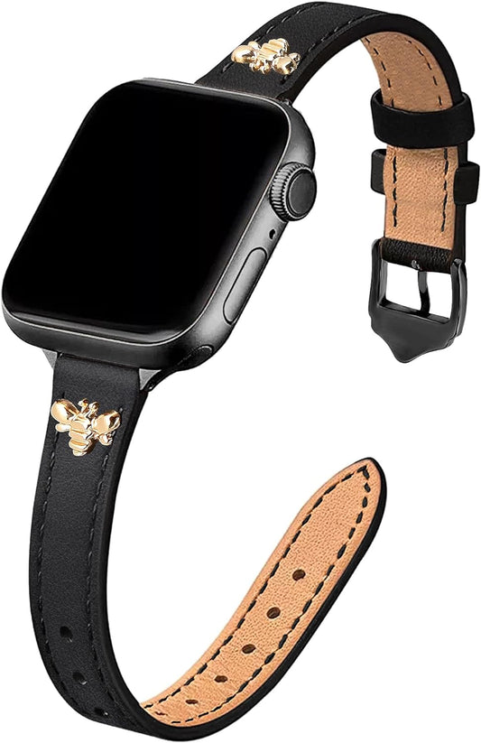 Slim Leather-Bands Compatible with Apple Watch Band 38Mm 40Mm 41Mm 42Mm 44Mm 45Mm 49Mm, Top Genuine Leather Band with Charms, Feminine Design for Iwatch Ultra SE & Series 9 8 7 6 5 4 3 2 1