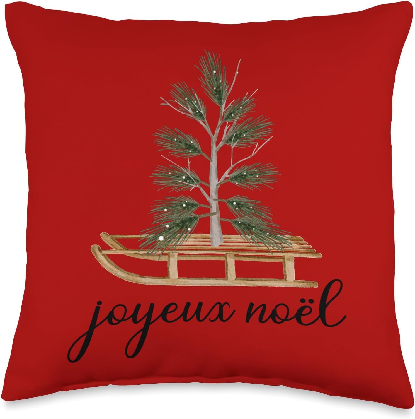 Joyeux Noel French Merry Christmas Tree and Sled Vintage Throw Pillow