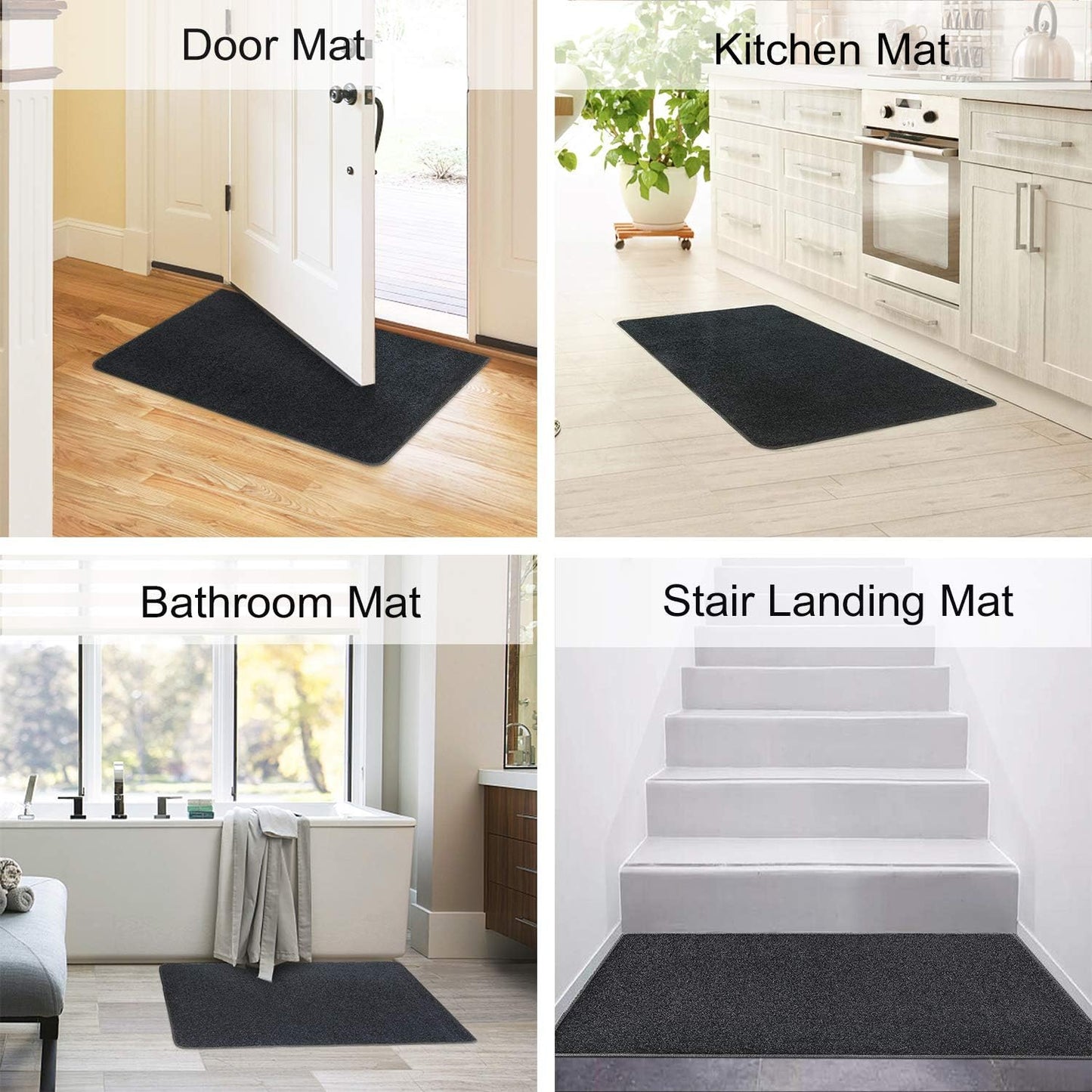 Carpet Stair Tread Landing Mat Tape Free Self Adhesive Non Slip Skid Resistant Indoor Doormat Area Rug Floor Mat for Kitchen Bathroom Workstations Washable 2' X 3' (Black)