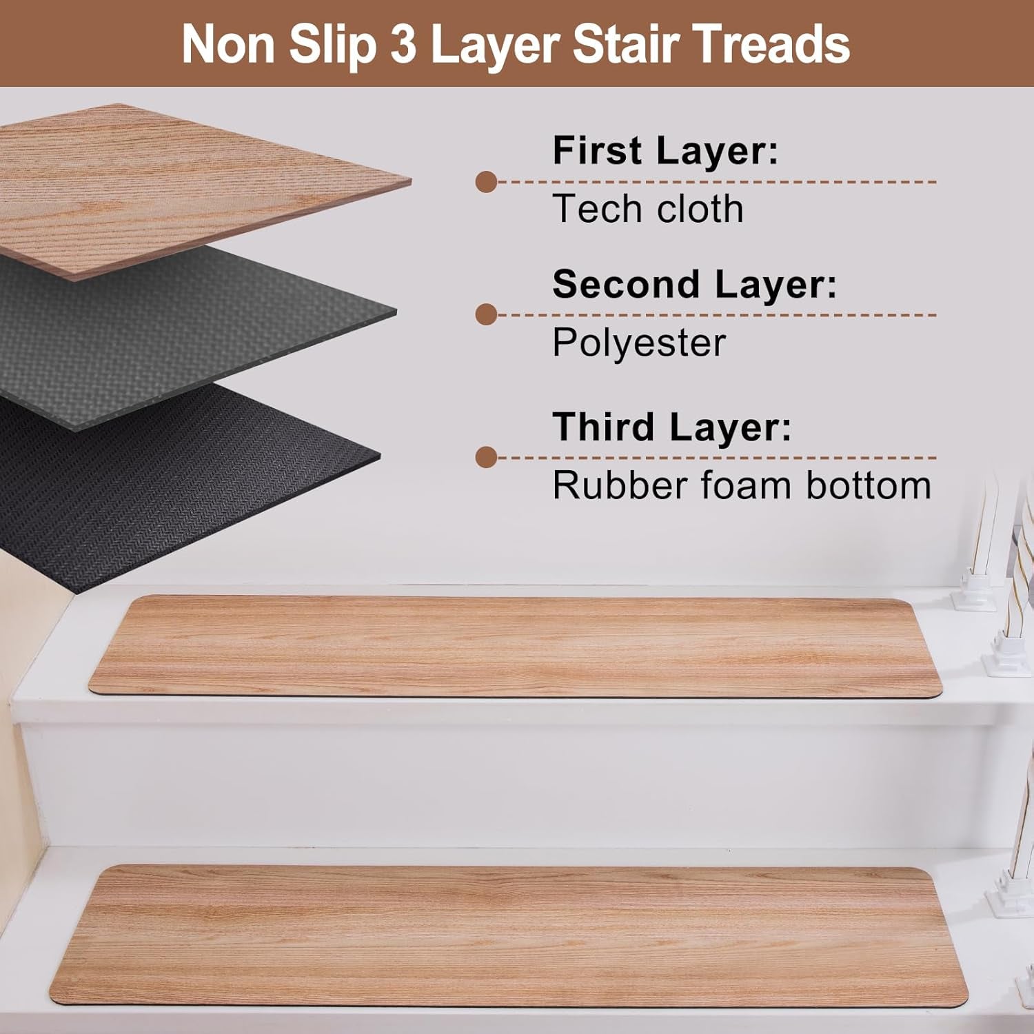 Non Slip Rubber Stair Treads, Indoor Stair Treads Stair Runners for Wooden Steps, Basement Stair Mats for Pet, Kids and Elderly, Brown Wood, 30"X8", Set of 15