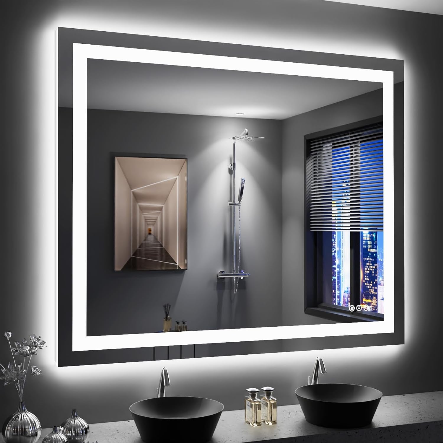 60”X30“ RGB LED Bathroom Mirror with Lights for Bathroom, Anti-Fog, Dimmable，Multiple Light Modes, RGB Backlit + Front Light, Memory Function, Tempered Glass