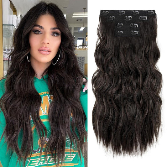 Hair Extensions, 4PCS Clip in Hair Extensions 24" Thick Long Beach Waves Black Brown Hair Extensions HE003 Invisible Lace Weft Natural Soft Synthetic Hairpieces for Women – Black Brown
