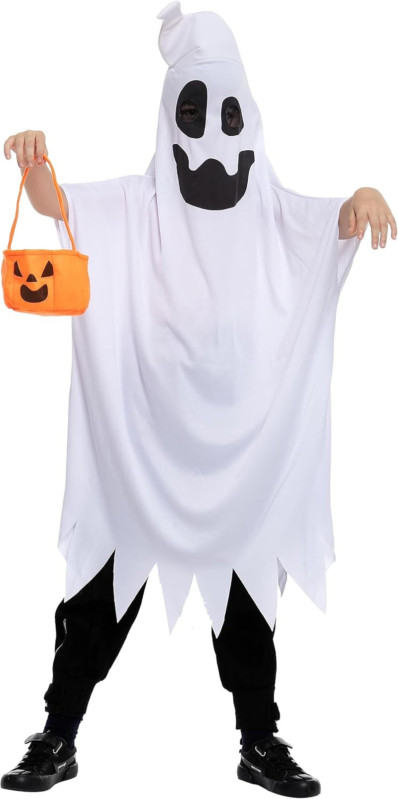 Halloween Ghost Costume with Horn and Pumpkin Bucket for Child Halloween Spooky Trick-Or-Treating