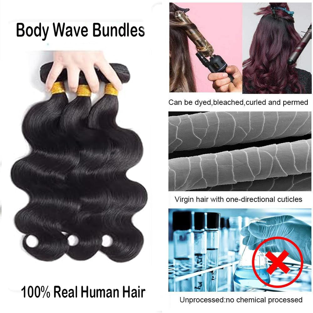 Human Hair Bundles Human Hair Body Wave 3 Bundles Human Hair 14 16 18 Inch Weave Bundles Human Hair 100% Unprocessed 12A Brazilian Hair Bundles Human Hair Extension for Black Women