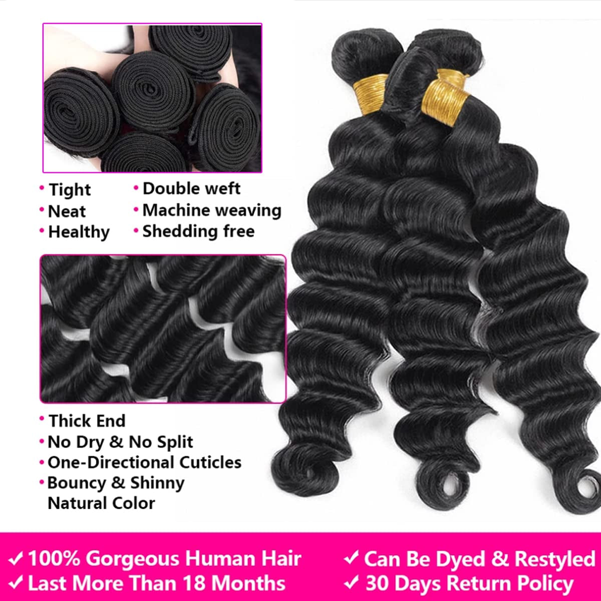 12A Loose Deep Wave Bundles Human Hair 3 Bundles Brazilian Virgin Hair Loose Deep Human Hair Bundles 100% Unprocessed Human Hair Wavy Bundles Natural Black Color for Women(16 18 20 Inches)