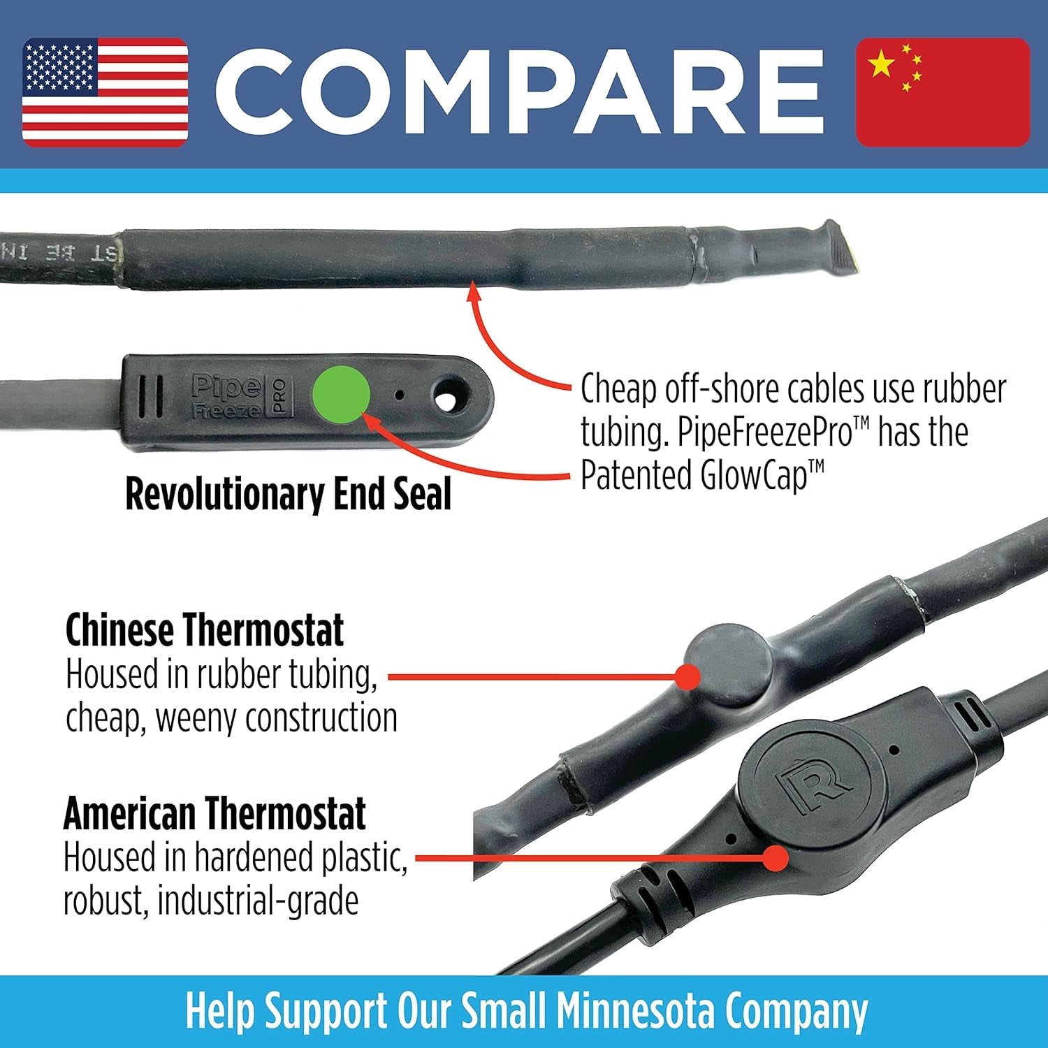 Intelligent Heat Tape for Water Pipe Freeze Protection - with Glowcap™, Built-In Thermostat, Tape Included, 10 YR Warranty, Heavy-Duty, Self-Regulating, 120V (60 Ft)