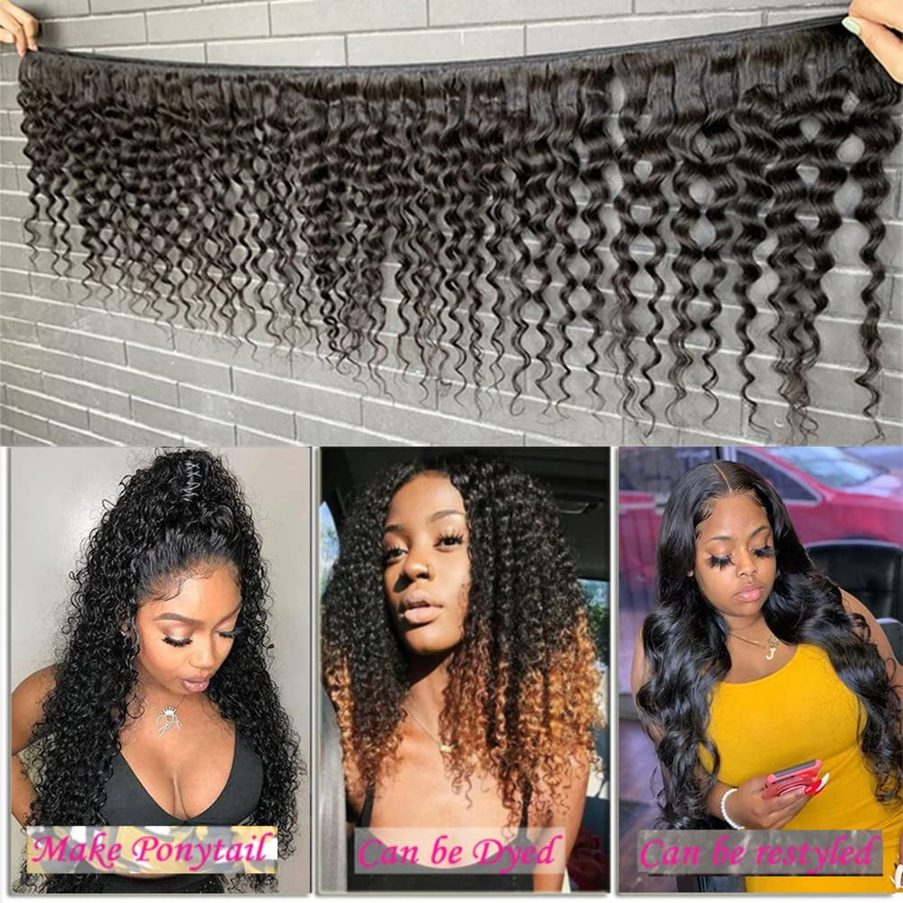Deep Wave Human Hair 4 Bundles (22 24 26 28) 12A 100% Unprocessed Brazilian Virgin Remy Deep Curly Weave Human Hair Bundles Hair Weft Extensions Natural Black for Black Women
