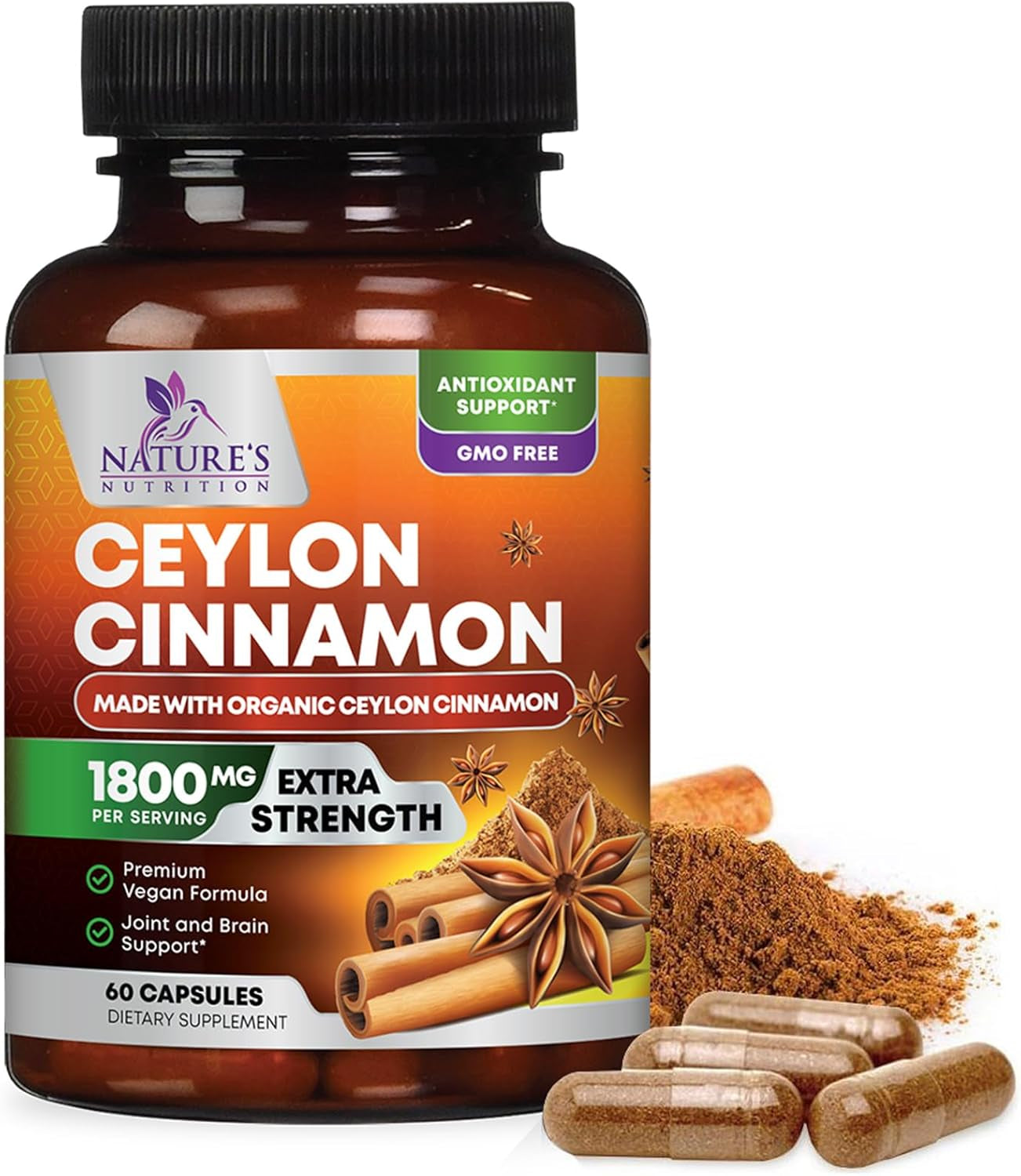 Organic Ceylon Cinnamon Supplement 1800Mg - Certified Organic Ceylon Cinnamon Powder Pills - Energy & Heart Support for Women & Men, Bottled in USA, Antioxidant, Gluten Free, Non-Gmo - 240 Capsules TLBH