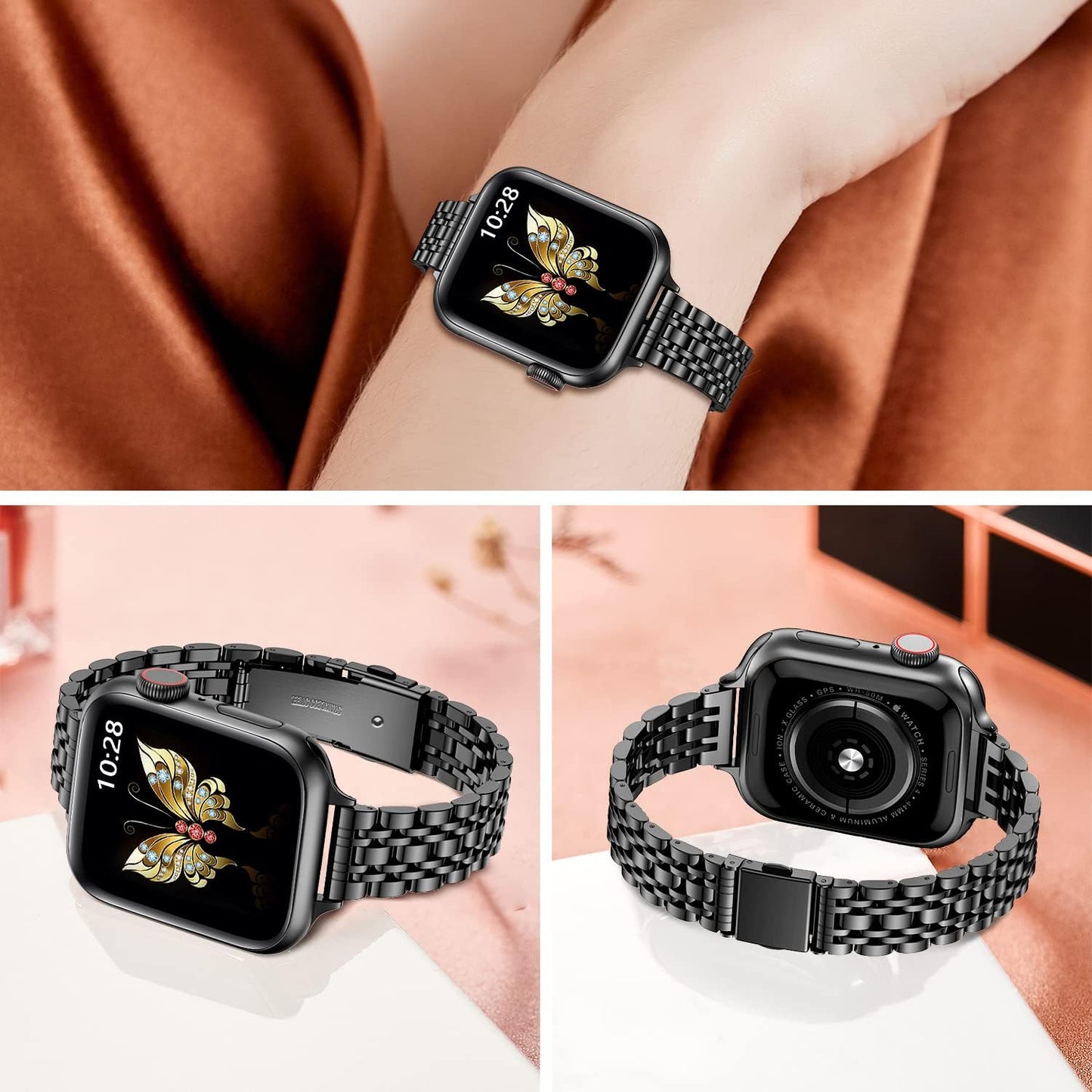 Slim Metal Band Compatible with Apple Watch Band 41Mm 40Mm 38,Mm,Dressy Stainless Steel Chain Strap for Women Iwatch Bands Series 9 8 7 6 5 4 3 2 1 Se,Black