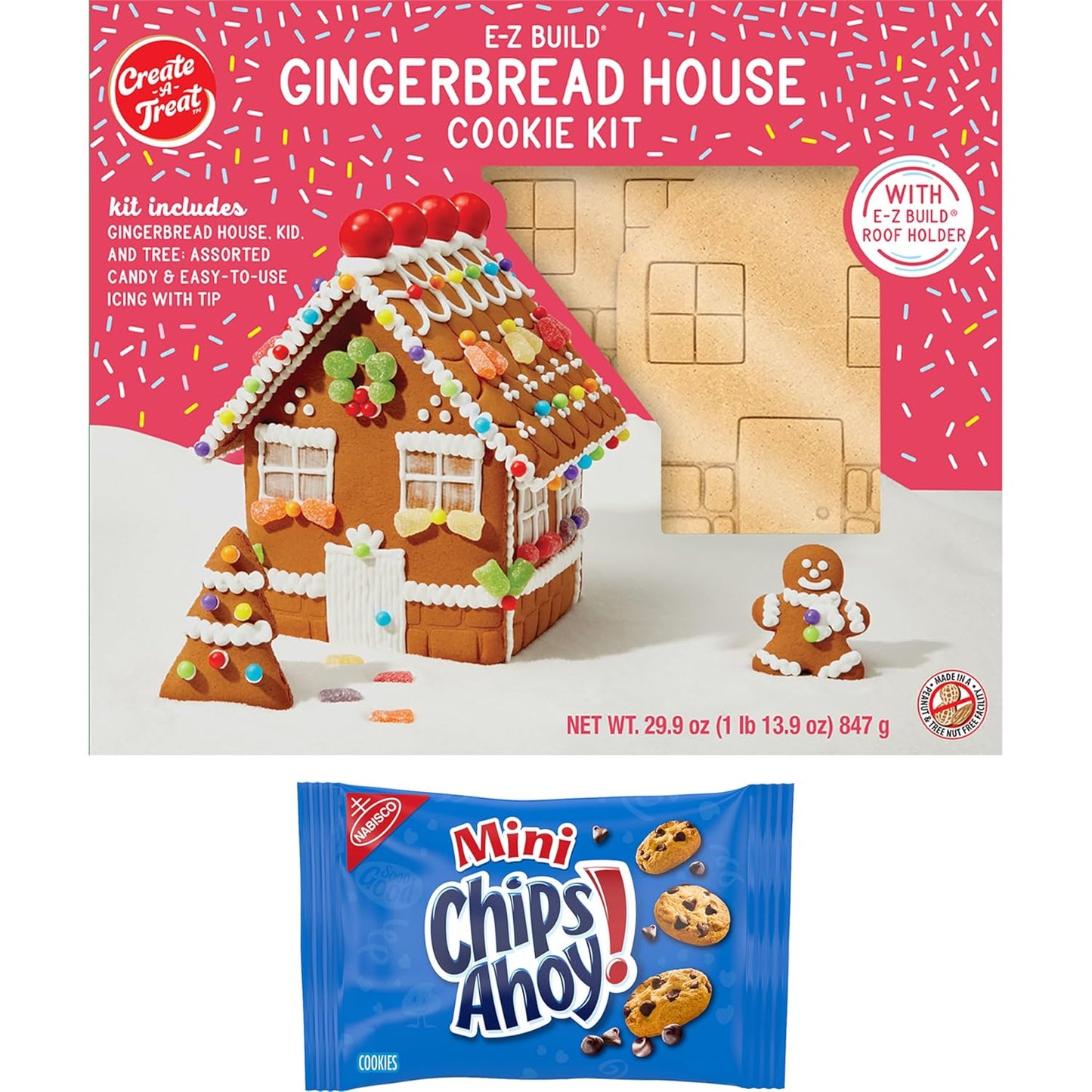 Create-A-Treat E-Z Build Gingerbread House Decorating Kit, Holiday Gift, 29.9 Oz + Bonus CHIPS AHOY! Mini Cookie Snack Pack