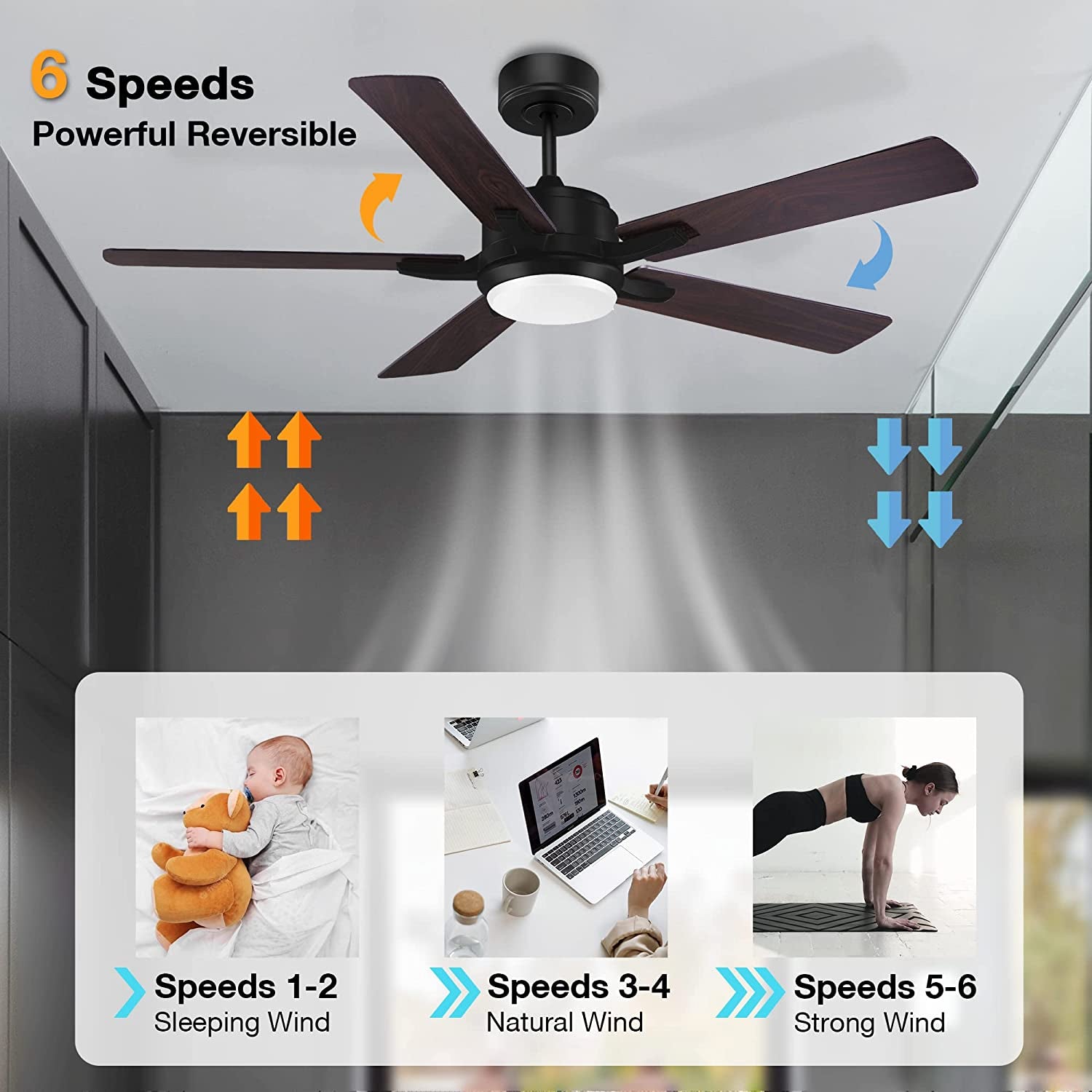 52” Smart Ceiling Fanswith Lights Remote Control,Quiet DC Motor,Outdoor Indoor Modern Farmhouse Ceiling Fan Work with Alexa App,Dimmable LED Light,Black/Brown for Bedroom Living Room Patio