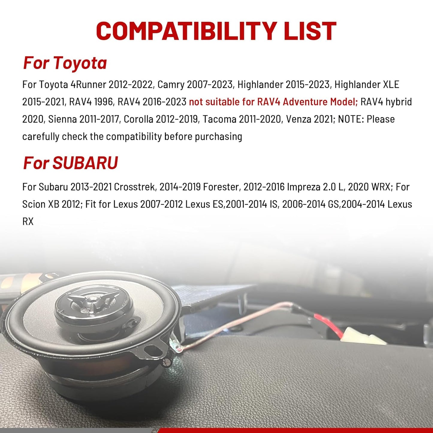 Car Front Dash Tweeter Speaker Wiring Harness for 2008-2022 Toyota RAV4 Camry 4Runner Highlander Scion, 2010-2019 Subaru Forester Factory Speaker Replacement Adapter Connector Non JBL System