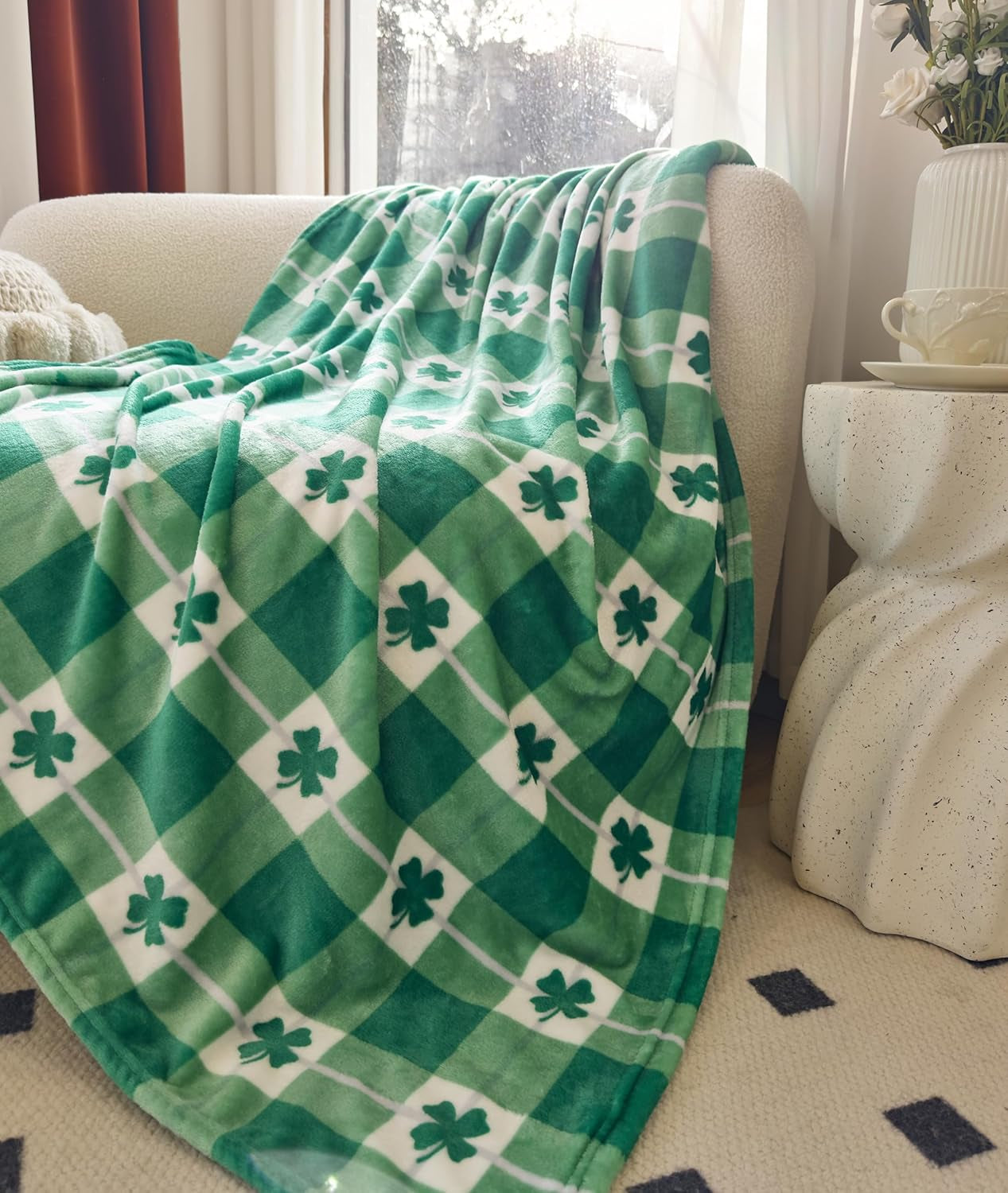 Velvet Touch Ultra Plush St Patricks Day Lucky Spring Green Clover Shamrock Irish Printed Fleece Throw/Blanket-50 X 60Inch, Lucky Plaid Clover